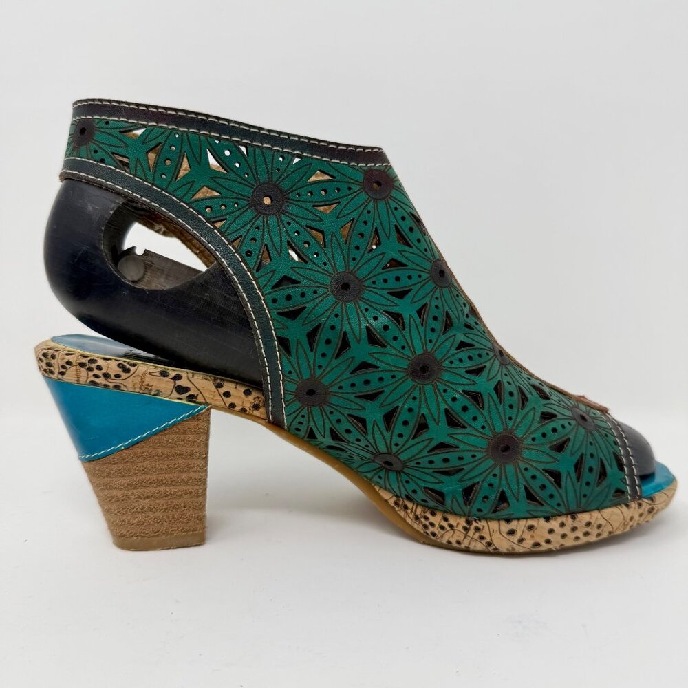 L'Artiste Hand Painted Leather Slingback Block Heels 7.5-8 - Picture 2 of 15